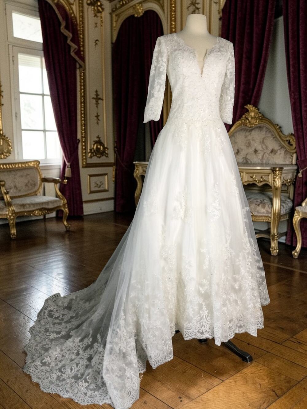 Ada's Bridal Wedding Gown Chiffon Lace Embellished 3/4 Sleeve Romantic